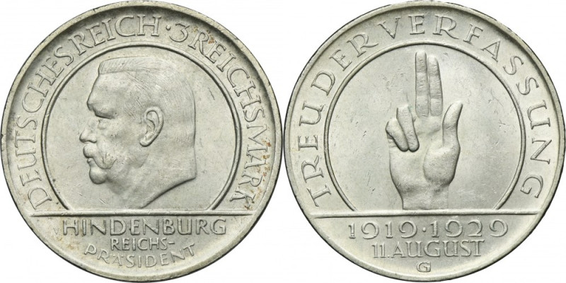 Germany, Weimar Republic, 3 Mark Karlsruhe 1929 G - Weimar Oath Issue minted to ...