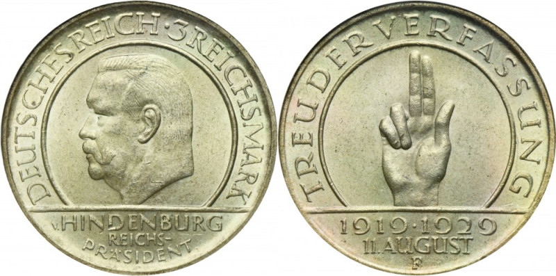 Germany, Weimar Republic, 3 Mark Stuttgart 1929 F - Weimar Oath Issue minted to ...