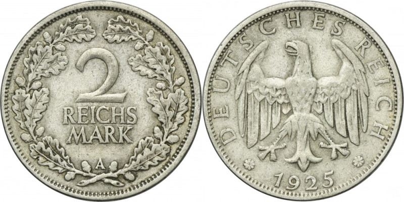 Germany, Weimar Republic, 2 Mark Berlin 1925 A Silver '500'. Srebro próby '500'....