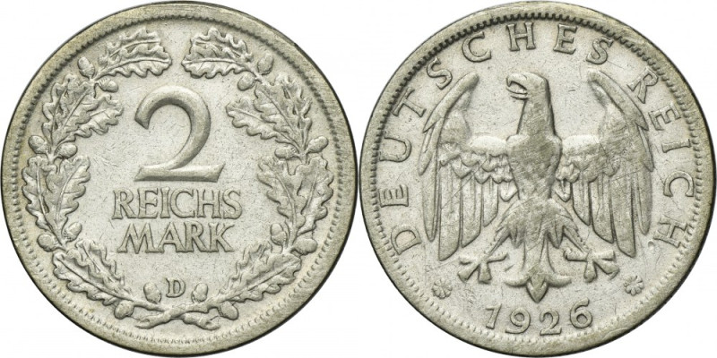 Germany, Weimar Republic, 2 Mark Munich 1926 D Silver '500'. Srebro próby '500'....