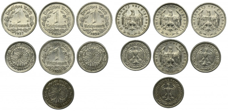 Set, Germany, Weimar Republic and Third Reich, 50 Pfennig and 1 Mark (7 pcs.) Se...