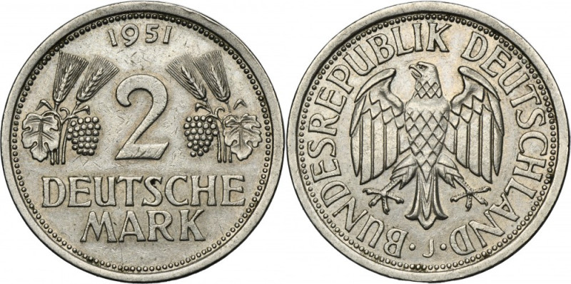 Germany, FRG, 2 Mark Hamburg 1951 J Variety with letter J, mint mark of Hamburg ...