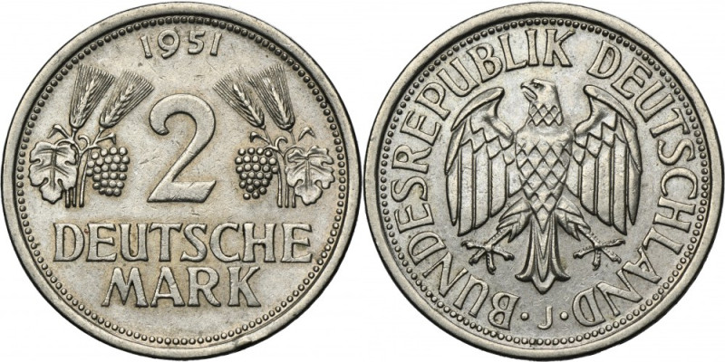 Germany, FRG, 2 Mark Hamburg 1951 J Variety with letter J, mint mark of Hamburg ...