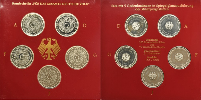 Set, Germany, FRG, 10 Mark 1999 - Anniversary of Constitution (5 pcs.) Set of fi...