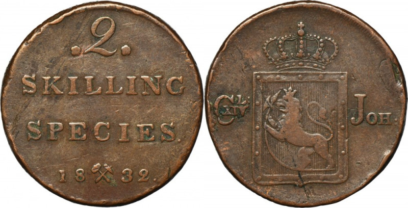Norway, Carl XIV Johann, 2 Skilling Kongsberg 1832 Variety with the mint mark of...