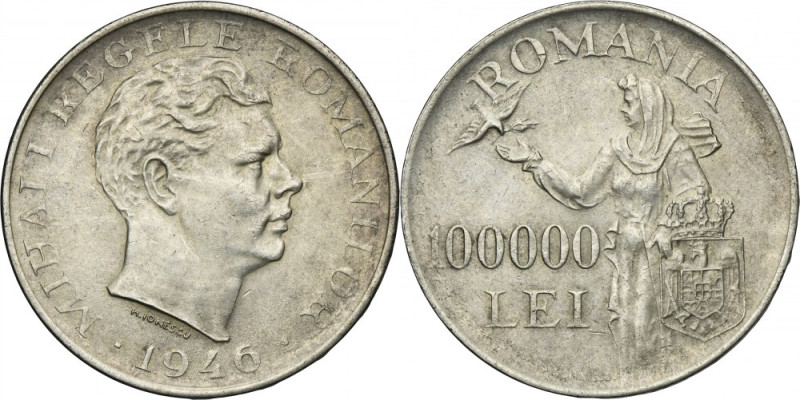 Romania, Michael I, 100.000 Lei Bucharest 1946 Silver '700'. Srebro próby '700'....
