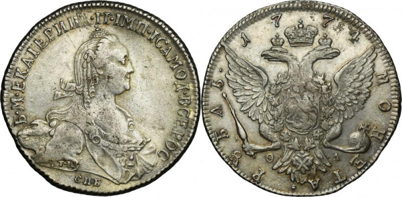 Russia, Catherine II, Rouble Petersburg 1774 СПБ ОЛ Variety with the initials TИ...