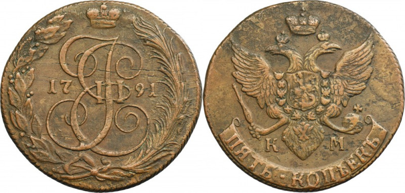 Russia, Catherine II, 5 Kopeck Suzun 1791 KM Variety with letters KM, mint mark ...