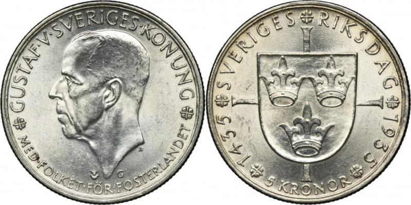 Sweden, Gustav V, 5 Kronor Stokholm 1935 G Issue minted to commemorate the 500th...