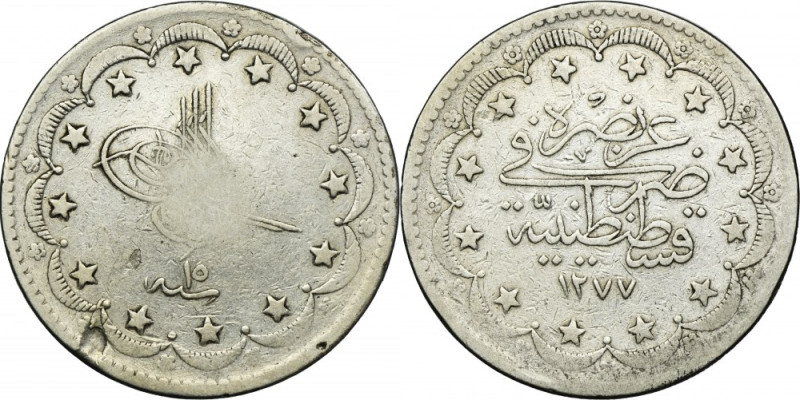 Turkey, Ottoman Empire, 20 Kurus 1377/7 AH (1874) Variety&nbsp; ١٢٧٧ - ١٥. 
 Di...