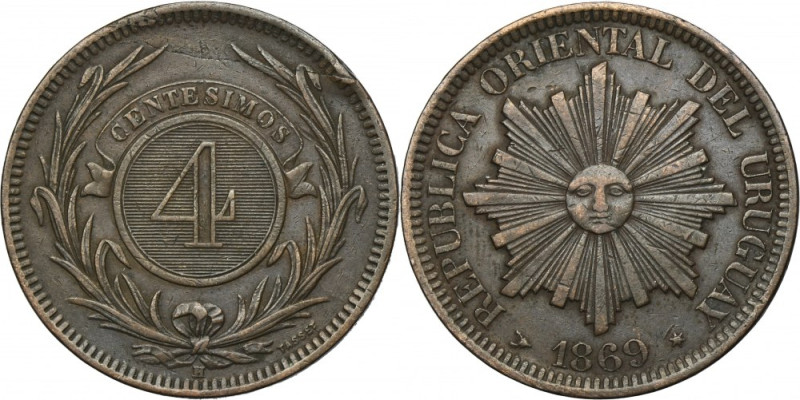 Uruguay, 4 Centésimos Birmingham 1869 H Variety with letter H, mint mark of Birm...
