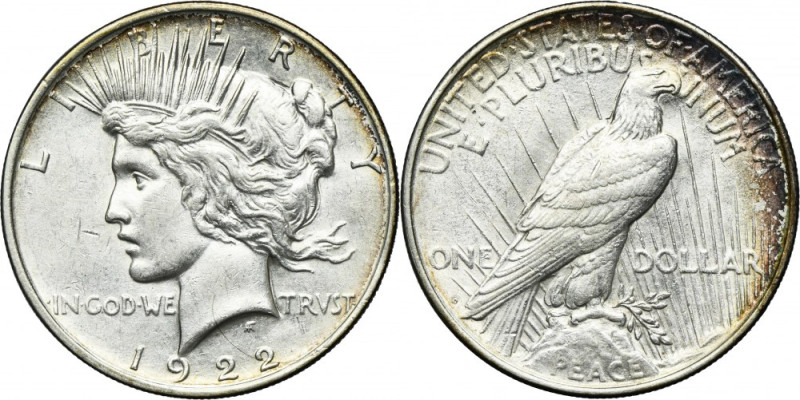 USA, 1 Dollar Denver 1922 D - Peace '900' silver. Light surface hairliness. Sreb...