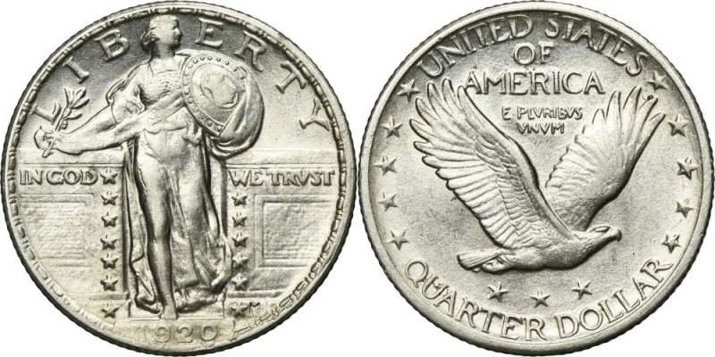 USA, 1/4 Dollar Philadelphia 1920 - Standing Liberty Silver '900'. Carthweel eff...