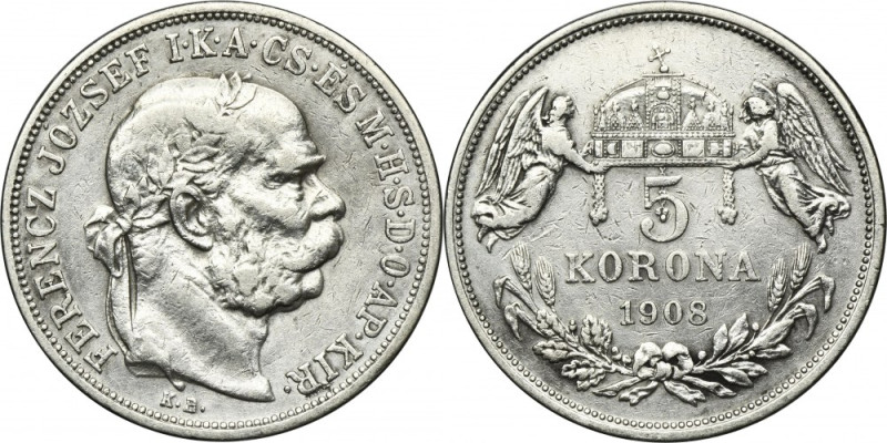 Hungary, Franz Joseph I, 5 Korona Kremnitz 1908 KB Silver '900'. Srebro próby '9...