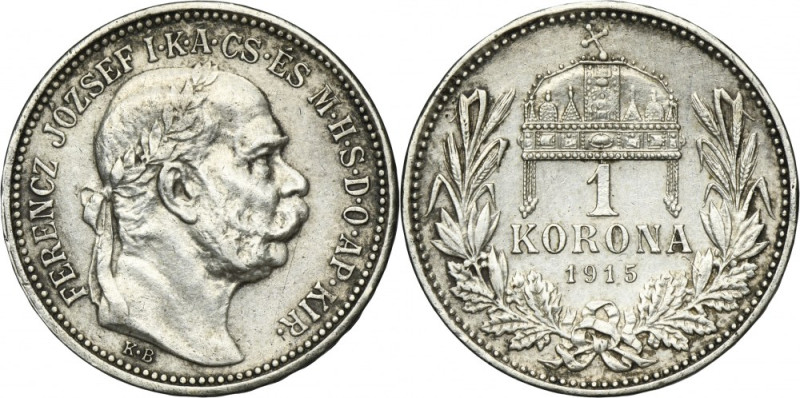 Hungary, Franz Josef I, 1 Corona Kremnitz 1915 KB Variety with letters KB, mint ...