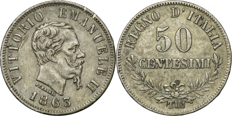 Italy, Victor Emmanuel II, 50 Centesimi Turin 1863 T BN Silver '835'. Srebro pró...