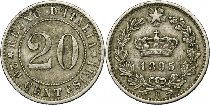 Italy, Umberto I, 20 Centesimi Rome 1895 R Variety with letter R, mint mark of R...