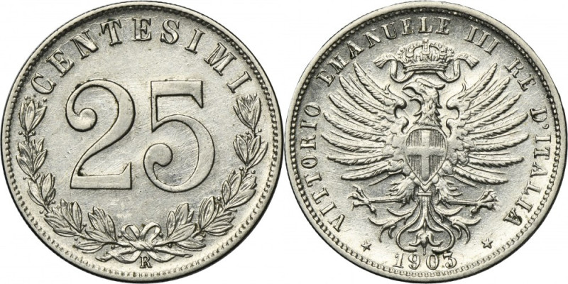 Italy, Victor Emmanuel III, 25 Centesimi Rome 1903 R Variety in nickel, with let...
