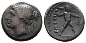 Bruttium, The Brettii, circa 214-211 BC. AE Half-Triobol (17 mm, 4.37 g). Obv: NIKA. Head of Nike left, wearing hair-band, small Γ behind neck. Rev. Β...