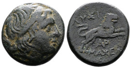 Thrace, Lysimacheia, circa 309-281 BC. AE (23.5 mm, 13,1 g.). Diademed head of king Lysimachos right. Rev. ΛYΣI-MAXEΩ[N], a lion leaping right; monogr...