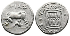 Illyria. Apollonia, circa 200-80 BC. AR Drachm (16.4 mm, 3.38 g.). ΑΓΙΑΣ (Agias) and ΚΑΔΟΣ (Kados) magistrates. AΓIAΣ, cow standing left with suckling...