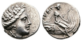 Euboea. Histiaia, ca. 181-141 BC. AR Tetrobol (12 mm, 1.61 g.). Wreathed head of the nymph Histiaia to right. Rev. [IΣTI]–AIEΩN, Nymph seated right on...