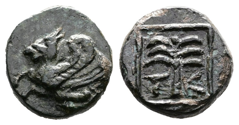 Troas. Skepsis, circa 400-310 BC. AE (9.6 mm, 1.36 g.). Rhyton with forepart of ...
