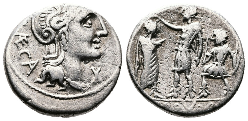 P. Porcius Laeca, 110-109 BC. AR Denarius (17.7 mm, 3.89 g.), Rome. Helmeted hea...