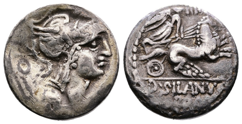 D. Iunius Silanus, 91 BC. AR Denarius (16.7 mm, 3.72 g.), Rome. Helmeted head of...
