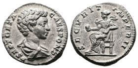 Geta, as Caesar, 198-209. AR Denarius (18.2 mm, 3.14 g.), Rome mint, AD 199. P SEPT GETA CAES PONT, bare-headed and draped bust of Geta to right, seen...