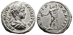 Caracalla, 198-217. AR Denarius (17.6 mm, 3.40 g.), Rome mint, AD 200. ANTONINVS AVGVSTVS, laureate, draped and cuirassed bust of Caracalla to right, ...