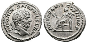 Caracalla, 198-217. AR Denarius (19 mm, 3.43 g.), Rome mint, AD 214. ANTONINVS PIVS AVG GERM, laureate head of Caracalla to right. Rev. PM TR P XVII C...