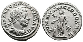 Elagabalus, 218-222. AR Denarius (18.4 mm, 2.92 g.), Rome mint, AD 221-222. IMP ANTONINVS PIVS AVG, horned, laureate and draped bust to right. Rev. SV...