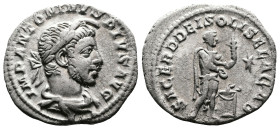 Elagabalus, 218-222. AR Denarius (18.2 mm, 2.75 g.), Rome mint, AD 221-222. IMP ANTONINVS PIVS AVG, horned, laureate and draped bust to right. Rev. SA...