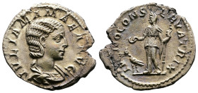Julia Mamaea (mother of Severus Alexander), 222-235. AR Denarius (19.8 mm, 3.17 g.), Rome mint, AD 222. IVLIA MAMAEA AVG, draped bust of Julia Mamaea ...