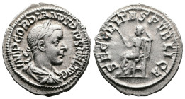 Gordian III, 238-244. AR Denarius (19.8 mm, 3.23 g.), Rome mint, summer 241 AD. IMP GORDIANVS PIVS FEL AVG, laureate, draped and cuirassed bust of Gor...