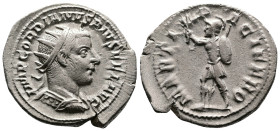 Gordian III, 238-244. AR Antoninianus (24.5 mm, 5.83 g.), Antioch mint, 242-243 AD. IMP GORDIANVS PIVS FEL AVG, radiate and cuirassed bust of Gordian ...