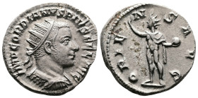 Gordian III, 238-244. AR Antoninianus (21.6 mm, 5.85 g.), Antioch mint, 243-244 AD. IMP GORDIANVS PIVS FEL AVG, radiate, cuirassed bust of Gordian III...