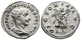 Gordian III, 238-244. AR Antoninianus (21.9 mm, 3.43 g.), Antioch mint, 242-243 AD. IMP GORDIANVS PIVS FEL AVG, radiate, cuirassed bust of Gordian III...