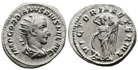 Gordian III, 238-244. AR Antoninianus (21.9 mm, 4.17 g.), Rome mint, AD 243-244. IMP GORDIANVS PIVS FEL AVG, radiate, draped and cuirassed bust to rig...