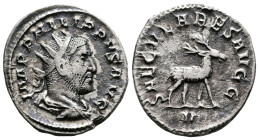 Philip I, 244-249. AR Antoninianus (20.6 mm, 3.30 g.), Rome mint, AD 248. IMP PHILIPPVS AVG, radiate, draped and cuirassed bust of Philippus I to righ...