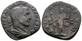Philip I, 244-249. AE Sestertius (28.3 mm, 17.24 g.), Rome mint, AD 244. IMP M IVL PHILIPPVS AVG, laureate, draped and cuirassed bust to right. Rev. F...