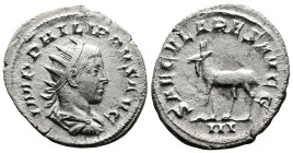 Philip II, as Augustus, 247-249. AR Antoninianus (22.8 mm, 2.99 g.), Rome mint, 248 AD. IMP PHILIPPVS AVG, laureate, draped and cuirassed bust to righ...