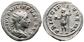 Philip II, as Caesar, 244-247. AR Antoninianus (23.1 mm, 3.93 g.), Rome mint, AD 244-246. M IVL PHILIPPVS CAES, radiate, draped and cuirassed bust of ...