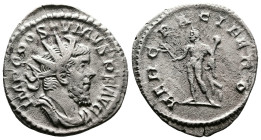 Postumus, 260-269. AR Antoninianus (21.4 mm, 3.31 g.), Treveri mint, AD 262-263. IMP C POSTVMVS P F AVG, radiate, draped and cuirassed bust to right. ...