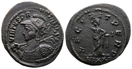 Probus, 276-282. Bronze Antoninianus (22.5 mm, 3.76 g.), Ticinum mint, AD 279. VIRTVS PRO – BI [AVG], radiate, helmeted and cuirassed bust to left, ho...