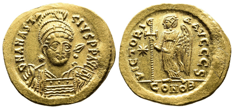 Anastasius I, 491-518 AD. Gold Solidus (20 mm, 4,44 g.). Constantinople, 10th. O...