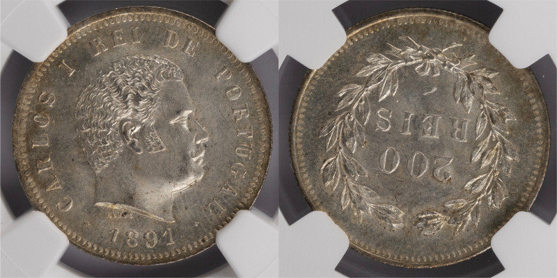 D.Carlos I - 200 Réis 1891
D.Carlos I - 200 Réis 1891, NGC MS64, Excelente Esta...
