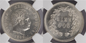 D.Carlos I - 200 Réis 1892
D.Carlos I - 200 Réis 1892, NGC MS63, A.G:08.03
