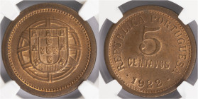 República Portuguesa - 5 Centavos 1922
República Portuguesa - 5 Centavos 1922, NGC MS64RB, Excelente Estado de Conservação, A.G:05.03